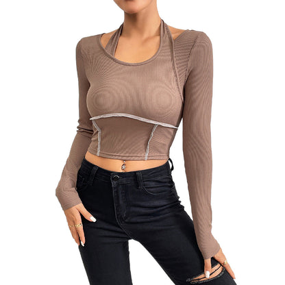Damen Cropped Langarmshirt Twist-Design Farbakzenten