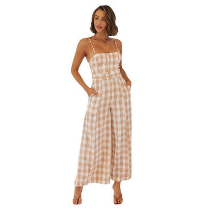 Damen Jumpsuit Gingham Muster Taillengürtel Eveloria