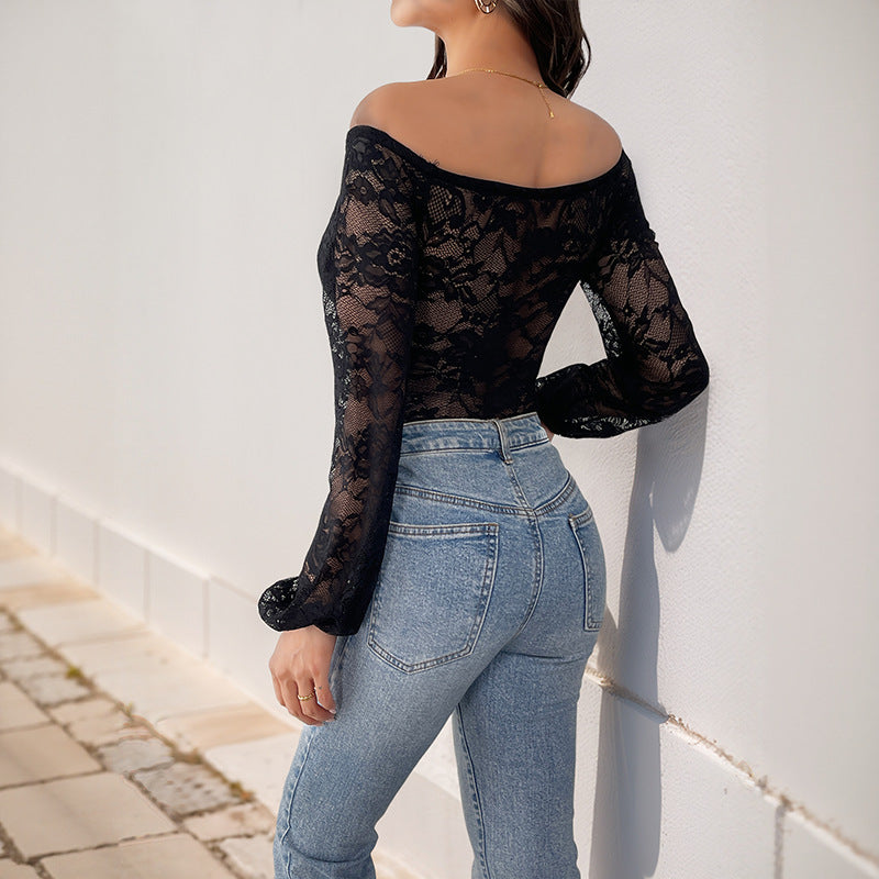 Damen Spitzenbody Langarm Off-Shoulder Elastisch