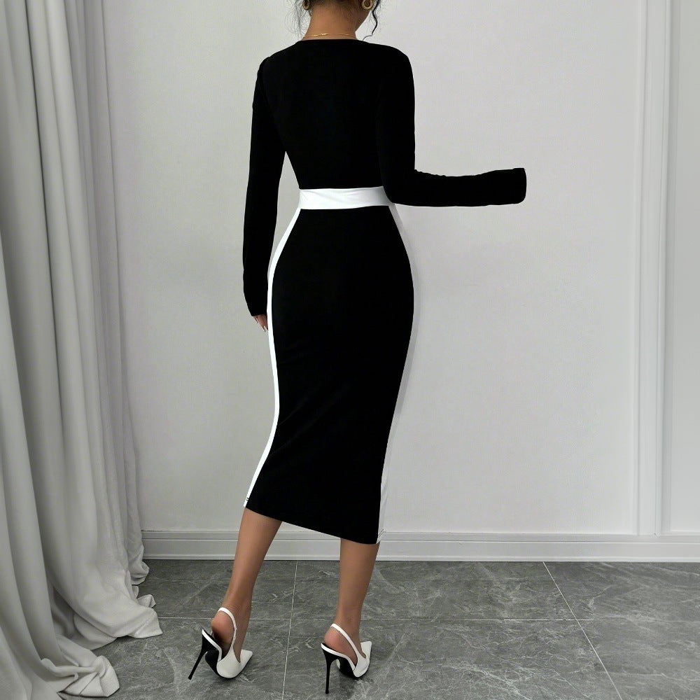 Damen Midi-Kleid Figurbetont Quadratischer Ausschnitt Kontrast