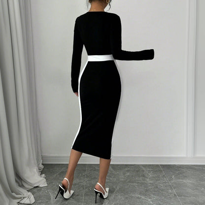 Damen Midi-Kleid Figurbetont Quadratischer Ausschnitt Kontrast