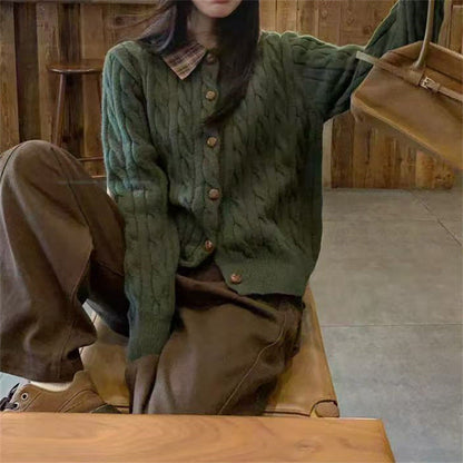 Damen Strickjacke Strukturiertes Muster Klassischer Hemdkragen Beige