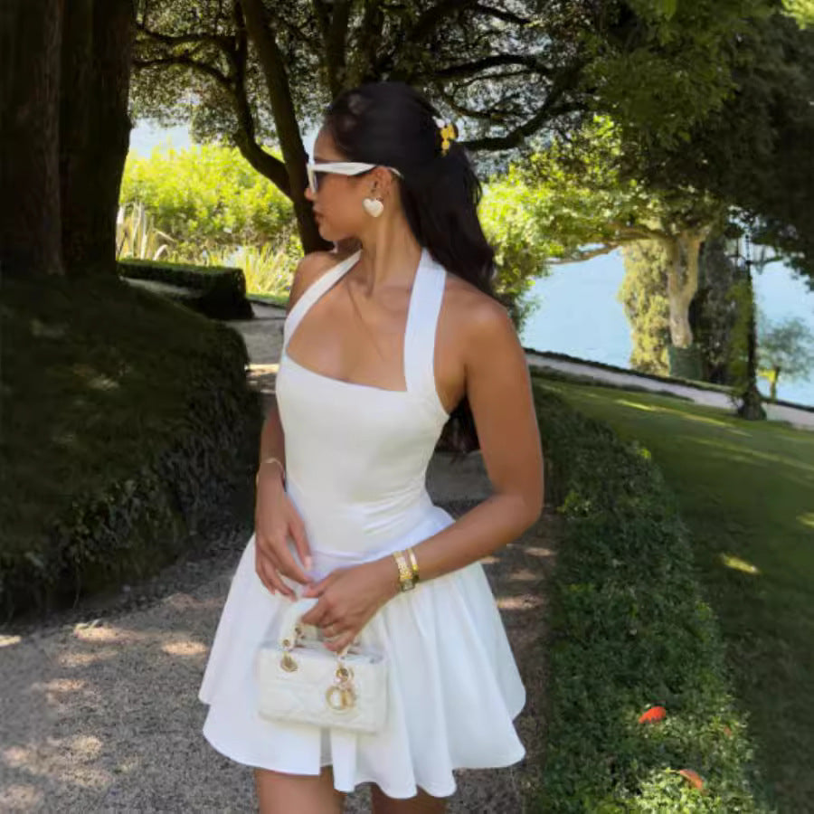 Damen Hochzeitskleid mit Halterdesign schwingender Rock weißen Farben