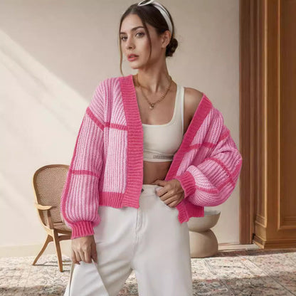 Damen Strickcardigan Blockstreifenmuster Weiß