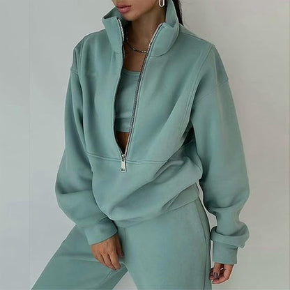 Damen Fleece-Pullover Hochkragen Reißverschluss Kuschelig Grau