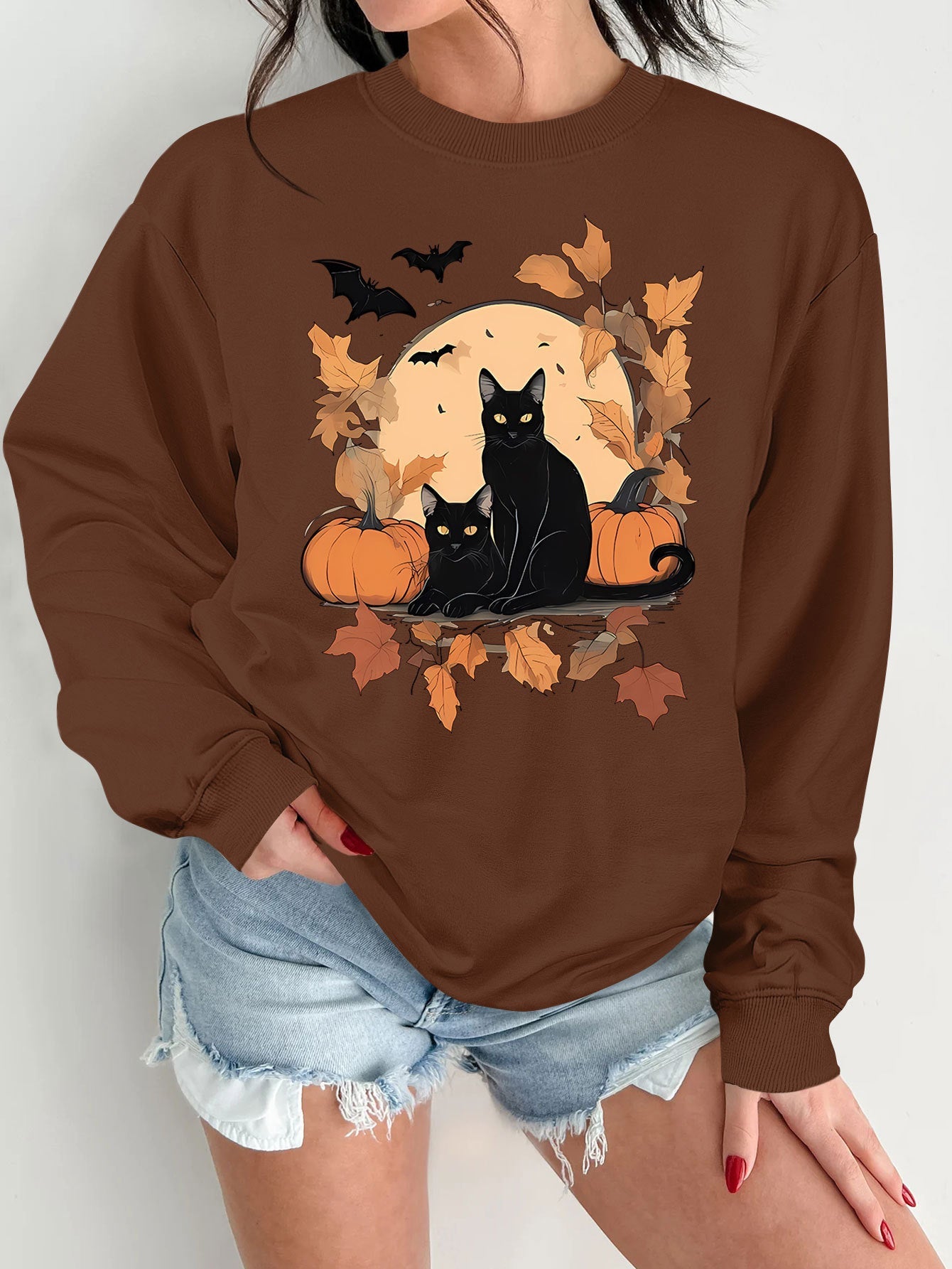 Damen Sweatshirt Herbstlich Katzen Kürbis Design Eveloria
