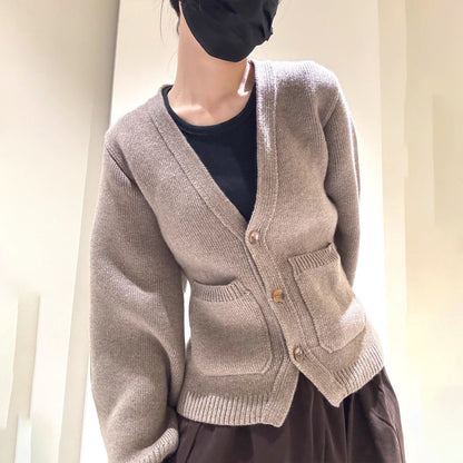 Damen Strickjacke V-Ausschnitt Taschen Eveloria