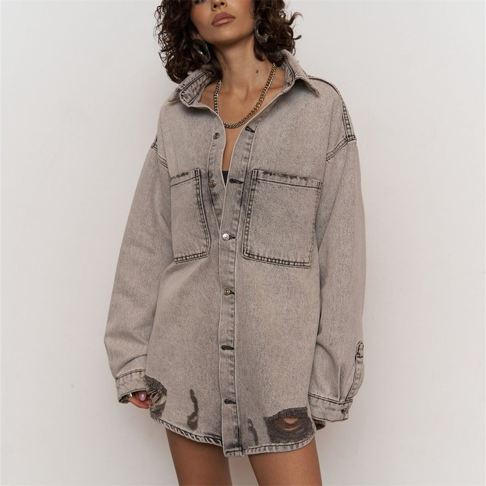 Damen Jeansjacke Distressed Look Blau Eveloria
