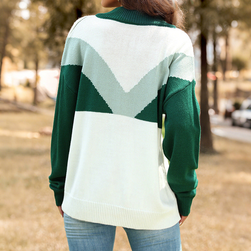 Damen Pullover Colorblock-Design Knopfleiste Hochkragen Eveloria