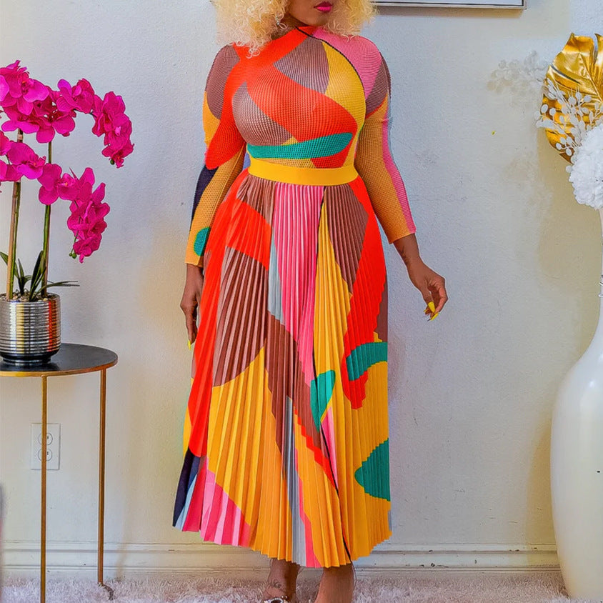 Damen Maxikleid Modernes Grafikdesign Elegante Plissee Optik