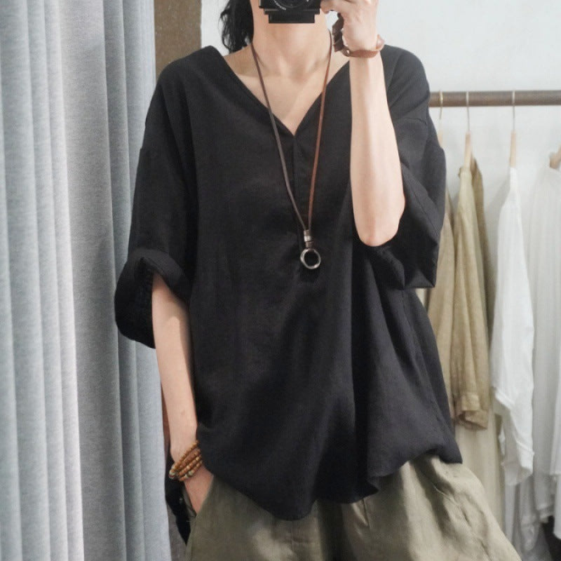 Damen Leinen T-Shirt Oversized V-Ausschnitt Beige
