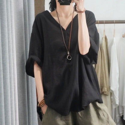 Damen Leinen T-Shirt Oversized V-Ausschnitt Beige