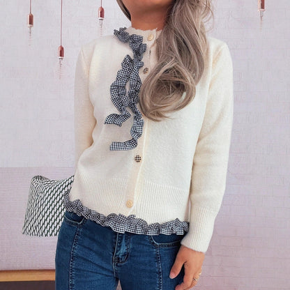 Damen Strickjacke Karomuster Rüschen