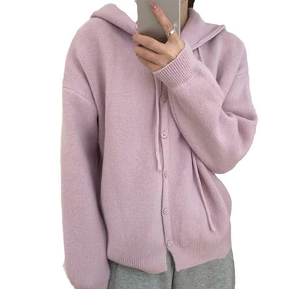Damen Strickjacke mit Kapuze und Knopfverschluss