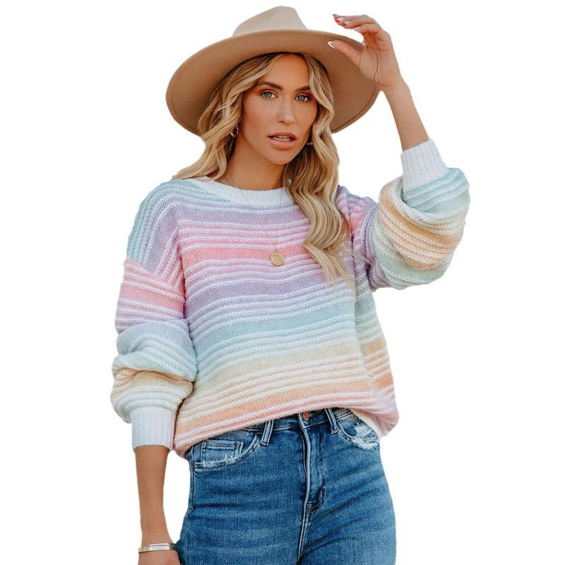 Damen Pullover Bunt Streifenmuster Voluminöse Ärmel Eveloria