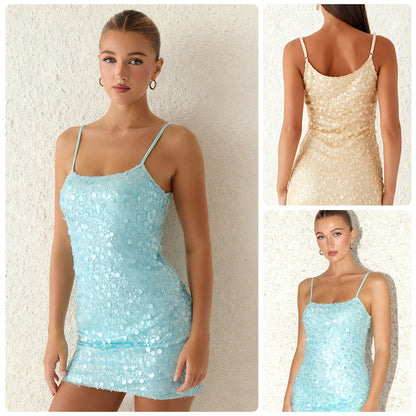 Damen Minikleid Glitzernd Spaghettiträger Schwarz - Eveloria