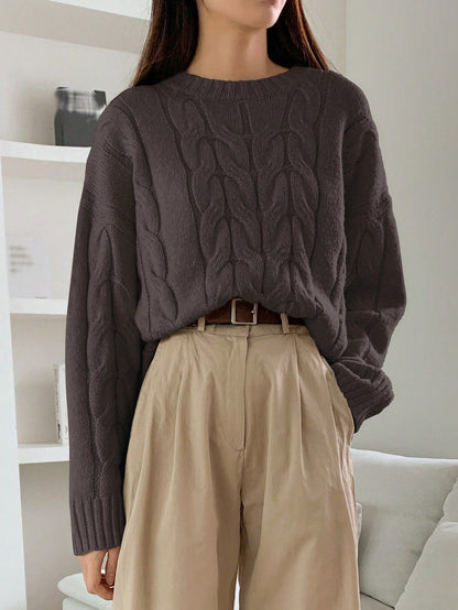Damen Grobstrickpullover Zopfmuster Weitschnitt