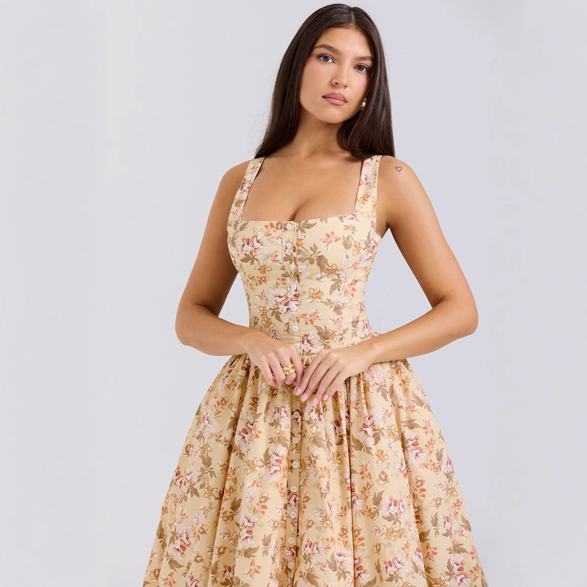 Damen Midi-Kleid Floralmuster Schmale Träger Eveloria