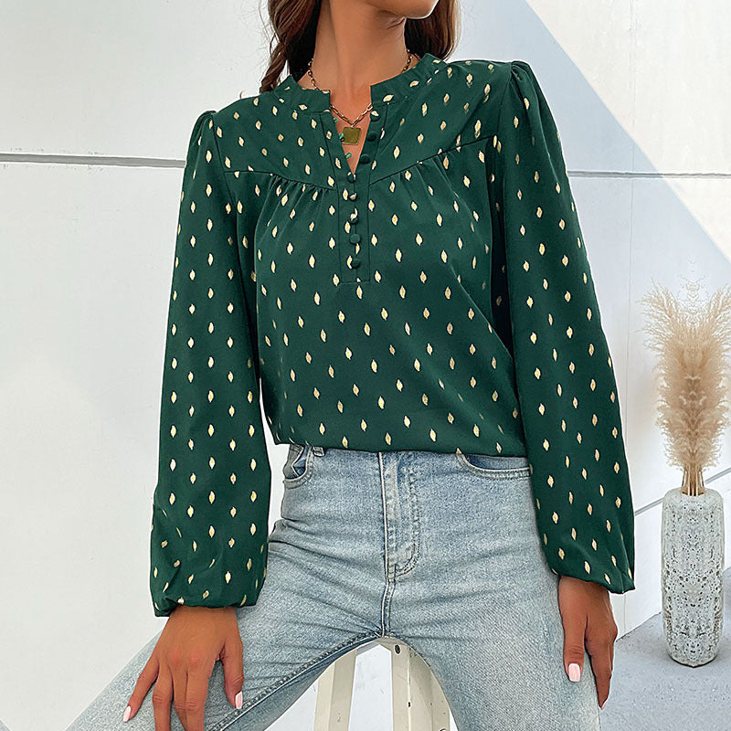 Damen Bluse Feines Punktmuster Knopfleiste Weiss
