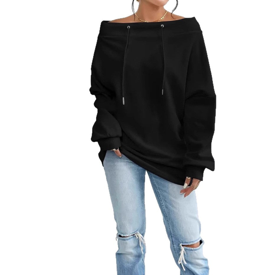 Damen Oversized Pullover Offener Kragen Kordelzüge Beige