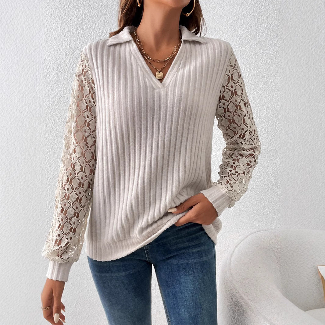Damen Bluse V-Ausschnitt Spitzenärmel Rippstruktur Weiße Eveloria