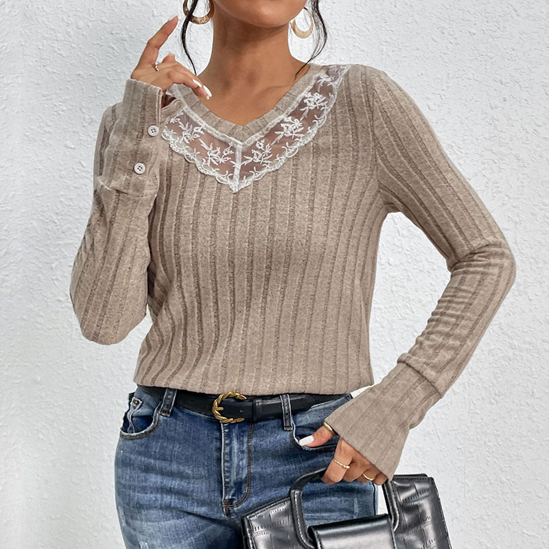 Damen Langarmshirt Spitze Gerippt Weiß - Eveloria