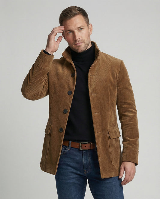Herren Cordmantel Knopfleiste Braun - Eveloria