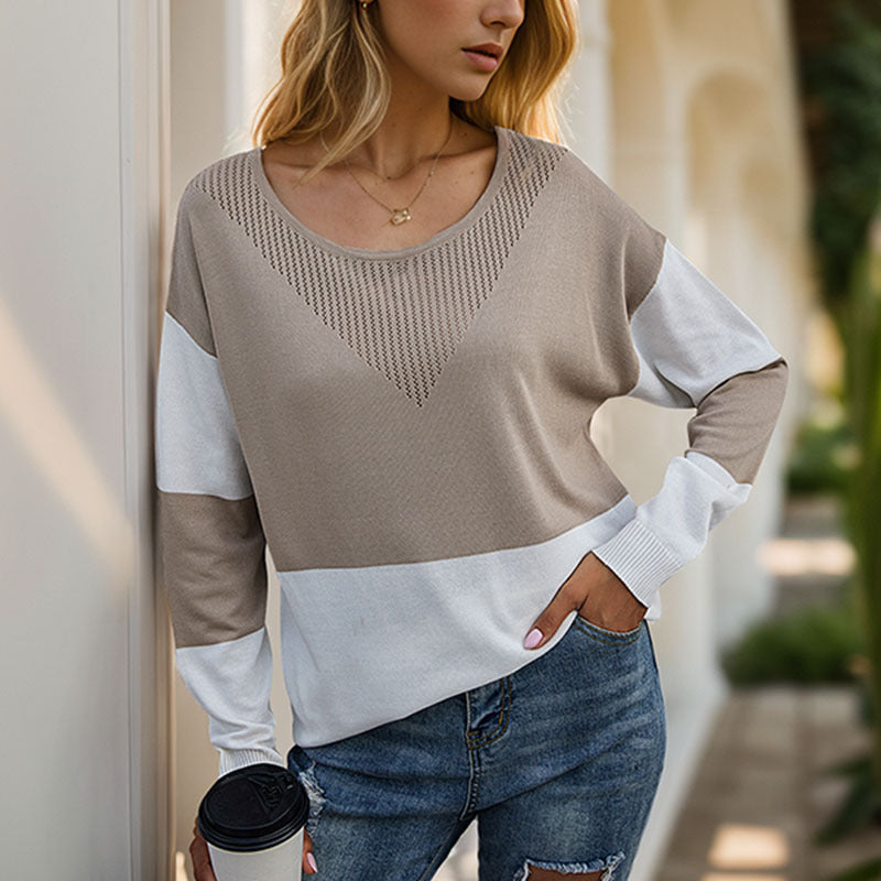 Damen Strickpullover Modernes Blockdesign Rundhals Beige