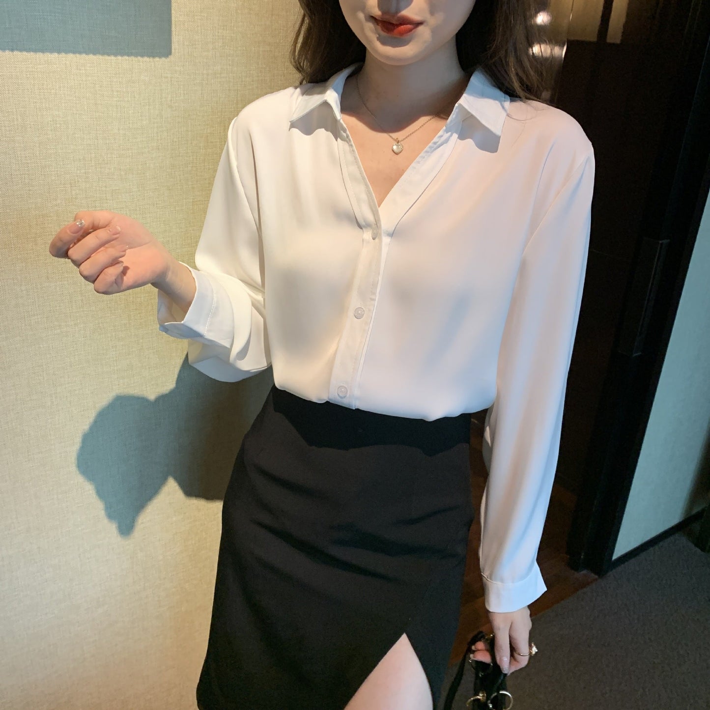 Damen Bluse Feiner Kragen Knopfverschluss Elegante Weiss