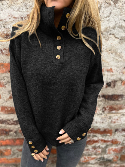 Damen Pullover Hohler Kragen Dekorative Knöpfe Eveloria