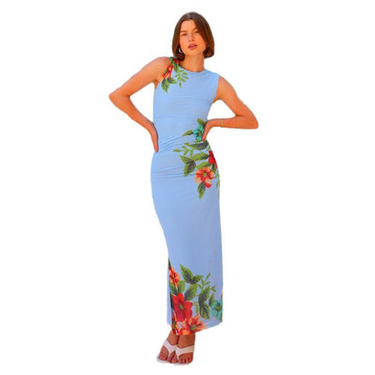 Damen Maxikleid Floral Schnitt Figurbetont Raffungsausschnitt