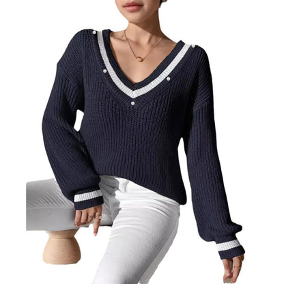 Damen Oversized Pullover V-Ausschnitt Perlenakzente