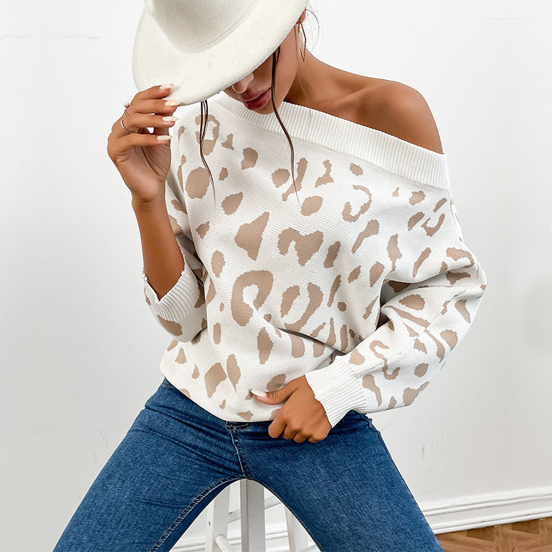 Damen Pullover Off-Shoulder Leopardenmuster