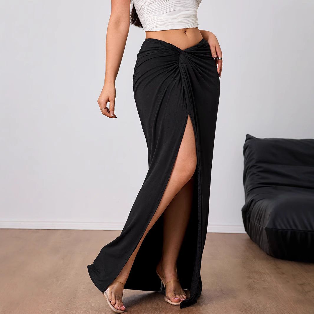 Damen Maxirock Hohem Schlitz Elegant Drapierung Schwarz Eveloria - Eveloria