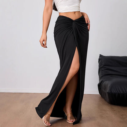 Damen Maxirock Hohem Schlitz Elegant Drapierung Schwarz Eveloria - Eveloria