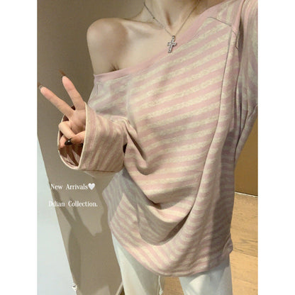 Damen Oversized Off-Shoulder Langarmshirt Streifenmuster Eveloria