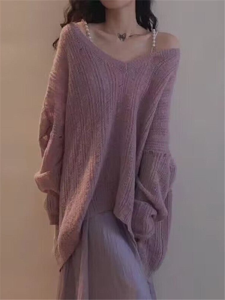 Damen Grobstrickpullover V-Ausschnitt Modisch