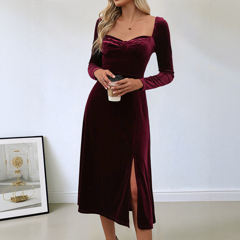 Damen Maxikleid V-Ausschnitt Langer Arm Eveloria