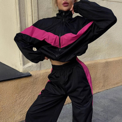 Damen Windbreaker Hochkragen Kontraststreifen Schwarz Eveloria - Eveloria