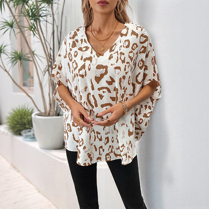 Damen Bluse mit Tierprint V-Ausschnitt Luftig Weiß
