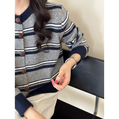 Damen Cardigan Streifenmuster Knöpfe Beige
