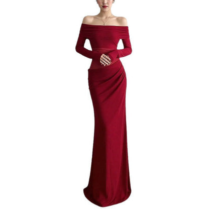 Damen Off-Shoulder Maxikleid Rüschendetails Langer Arm Eveloria