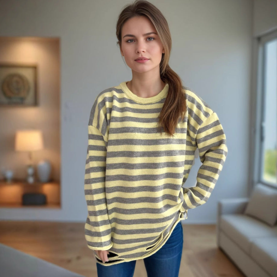 Damen Oversized-Pullover Gestrickt Lässiges Streifenmuster