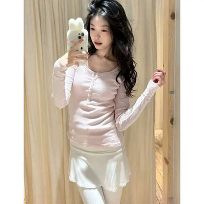 Damen Langarmshirt Rippstruktur Knopfleiste Fein Eveloria