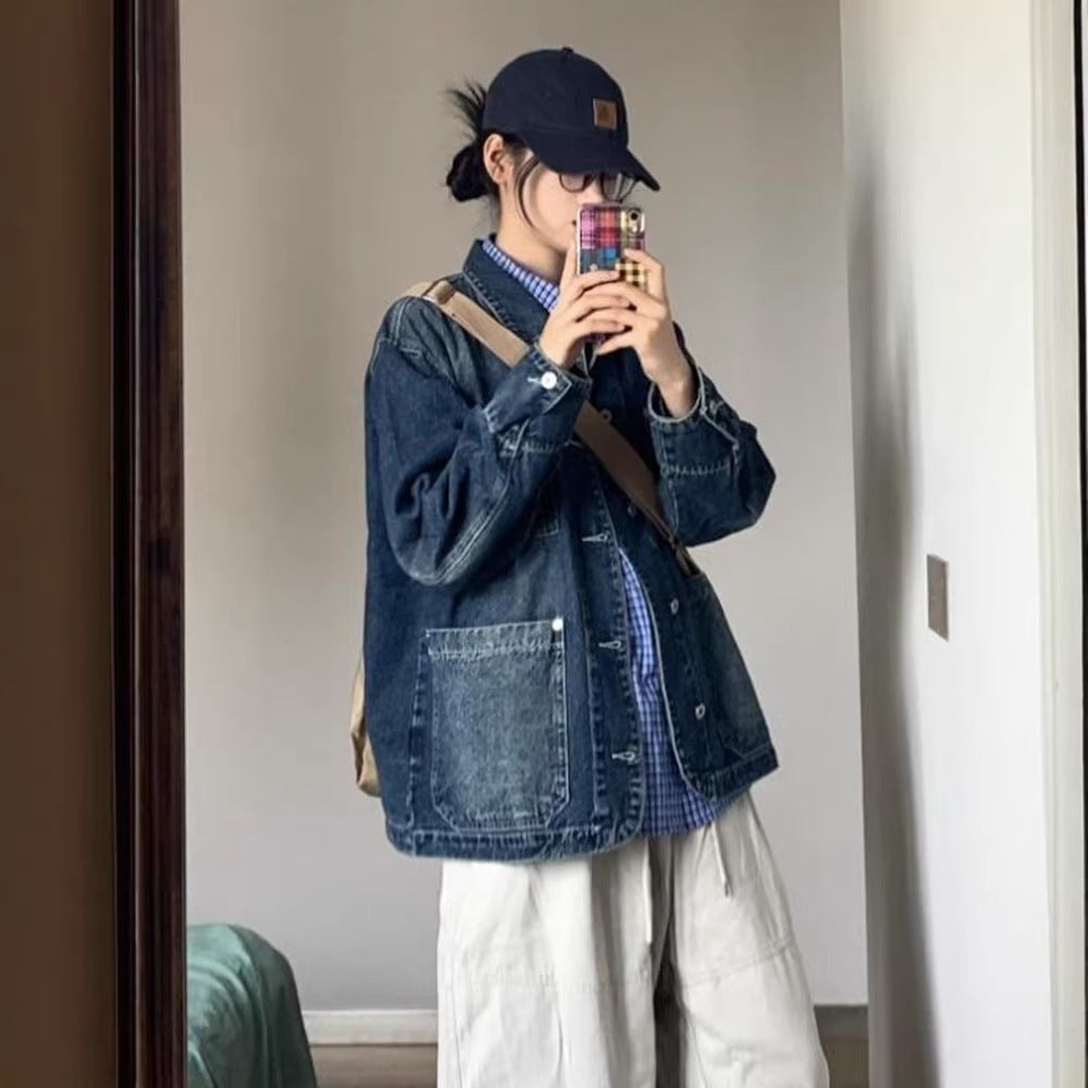 Damen Denim-Jacke Modisch Große Taschen Blau Eveloria