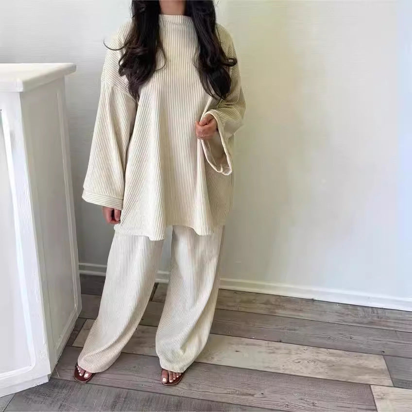 Damen Lounge-Set Weiches Rippmaterial Weit Schnitt Beige