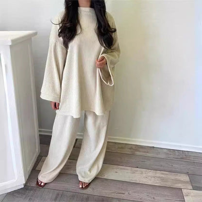 Damen Lounge-Set Weiches Rippmaterial Weit Schnitt Beige