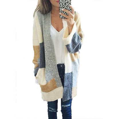 Damen Strickcardigan Weich Modern Farbblöcke Beige - Eveloria