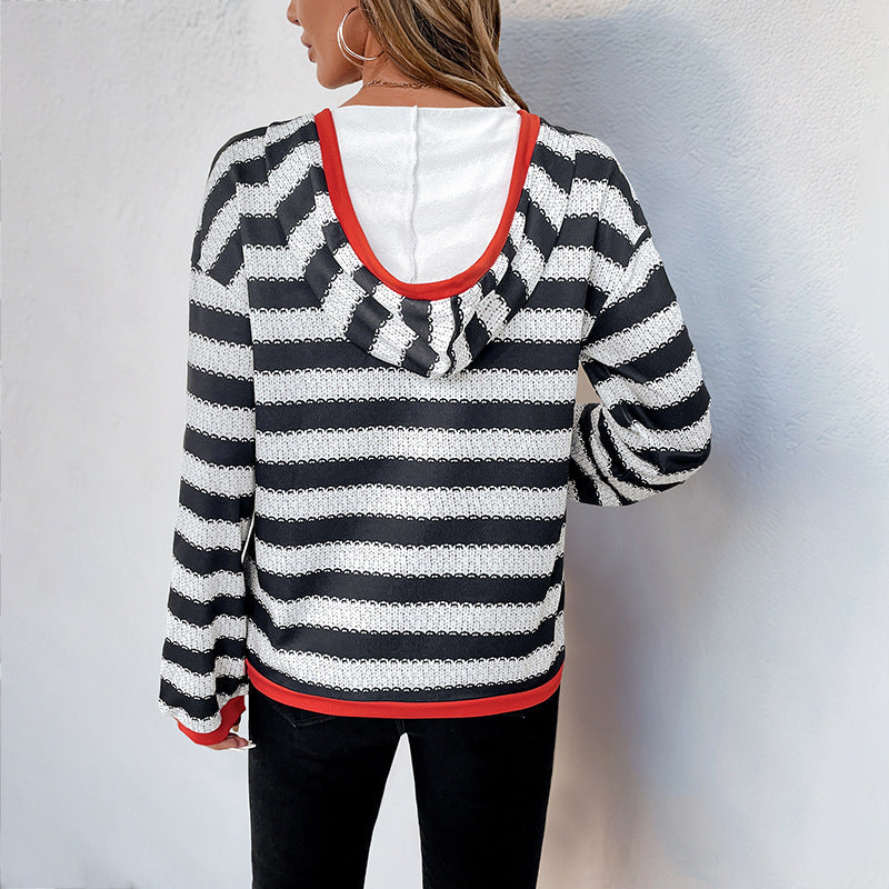 Damen Pullover Baumwolle Gestreift V-Ausschnitt Blau