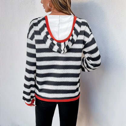 Damen Pullover Baumwolle Gestreift V-Ausschnitt Blau